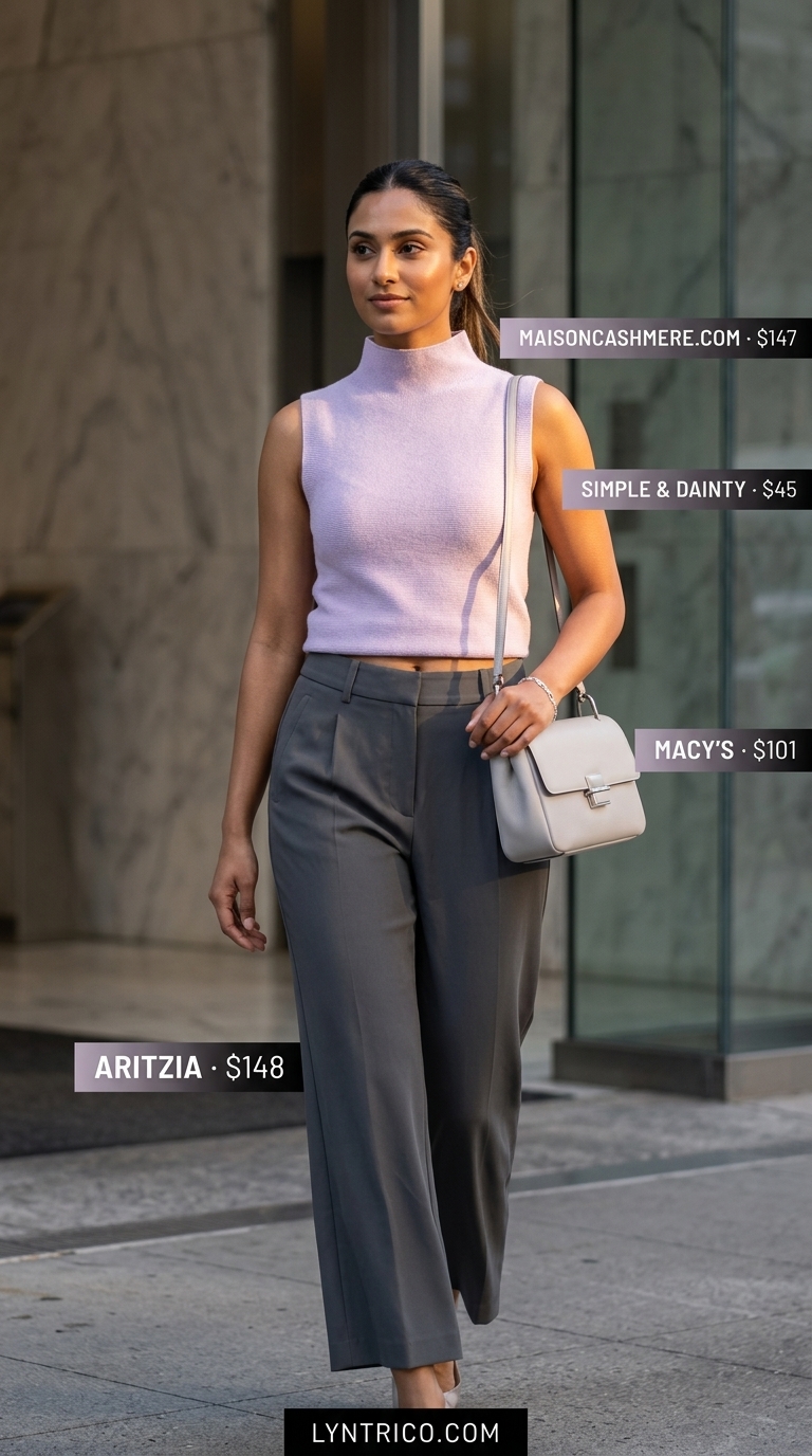 Lilac & Gray Summer Office Pants 2026 Charcoal gray cropped trousers and lilac knit top for light summer work outfits for women 2026, with silver mules.