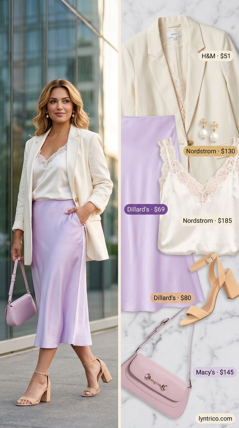 Light Summer Work Outfits for Women 2026: Lilac Skirt Light summer work outfits for women 2026: Pale lilac A-line skirt, cream blazer, and silk camisole.