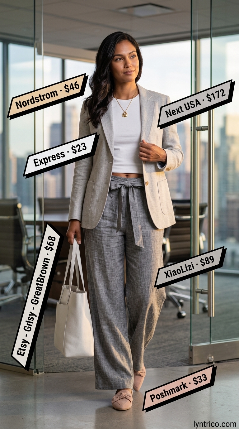Linen Blazer Summer Work Set 2026 Light gray linen blazer and trousers for light summer work outfits for women 2026, with white tee and blush loafers.