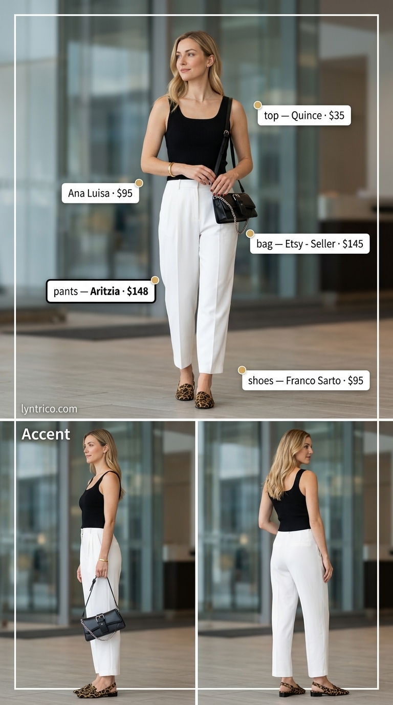 Monochrome Executive Style 2026 Monochrome executive outfit: white trousers, black top, leopard flats. Light summer work outfits for women 2026.