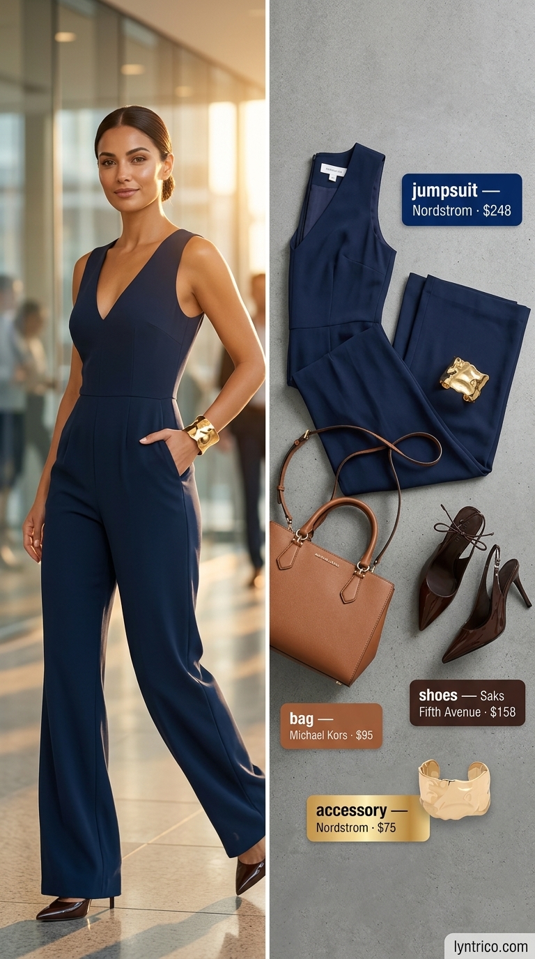 Navy Navigator Jumpsuit 2026 Navy wide-leg jumpsuit, cognac pumps, structured bag. Light summer work outfits for women 2026.