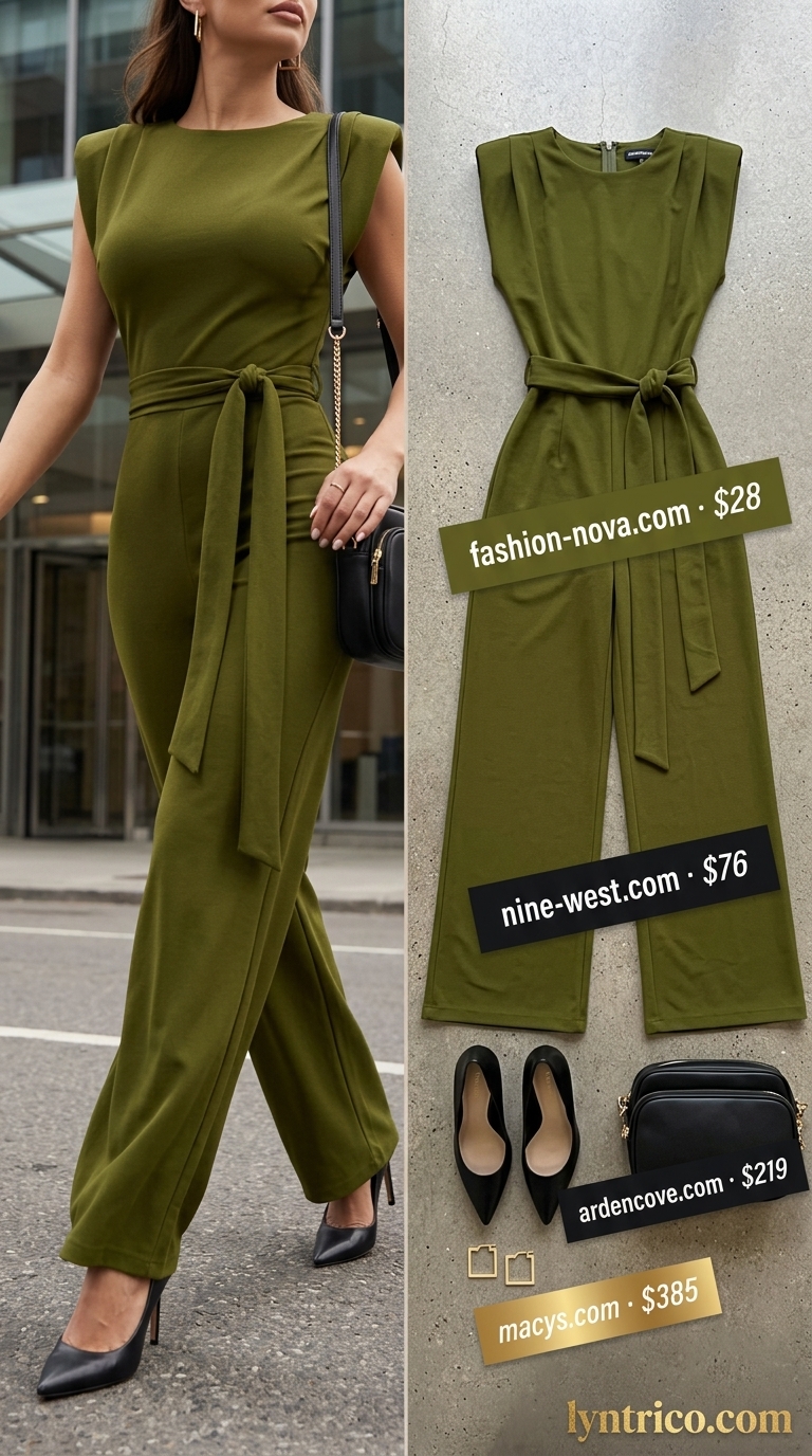 Light Summer Work Outfits for Women 2026: Olive Jumpsuit Light summer work outfits for women 2026: Olive green wide-leg jumpsuit with black pumps and gold geometric earrings.