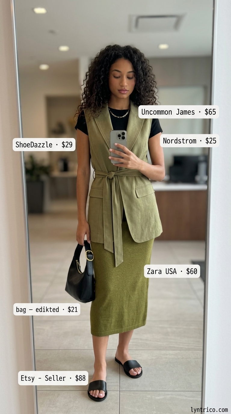 Olive Knit Elegance 2026 Olive green knit skirt, sleeveless vest, black top. Light summer work outfits for women 2026.