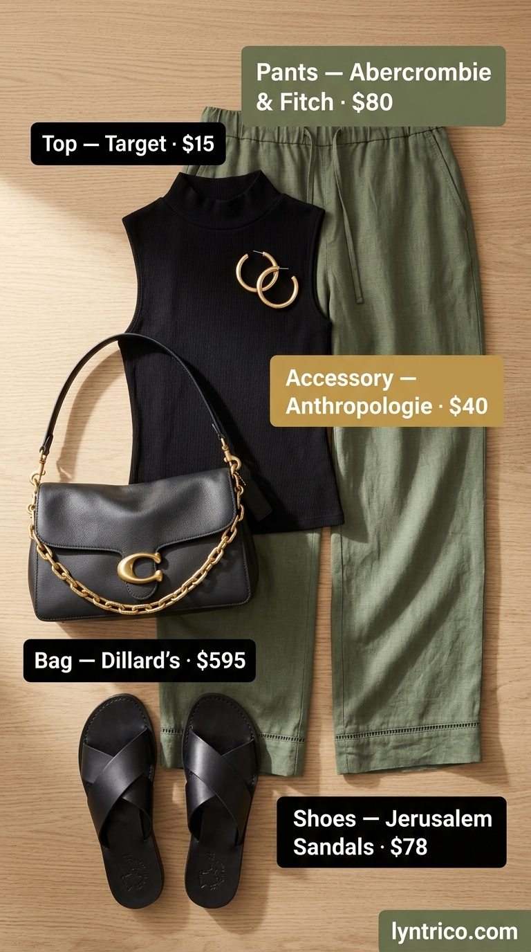 Light Summer Work Outfits for Women 2026: Olive Trousers Light summer work outfits for women 2026: Olive green linen trousers, black mock neck top, gold hoops, and leather sandals.