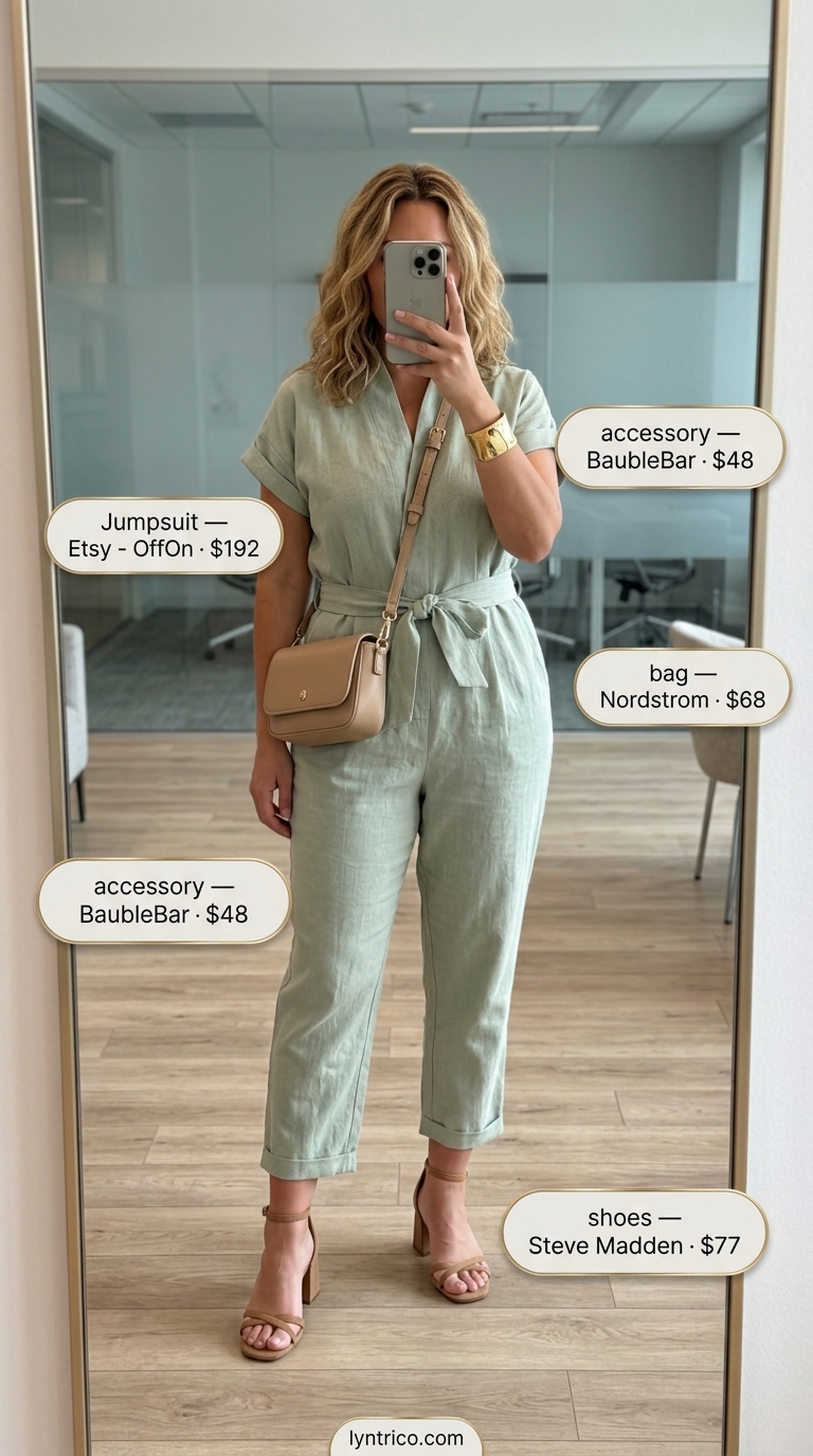 Sage Green Jumpsuit Work Style 2026 Sage green linen jumpsuit for light summer work outfits for women 2026, styled with tan block heels and gold accessories.