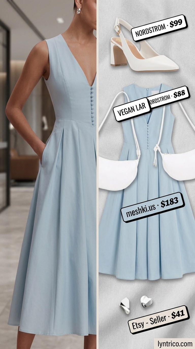 Sky Blue Summer Work Dress 2026 Sky blue A-line midi dress for light summer work outfits for women 2026, with white slingbacks and silver earrings.