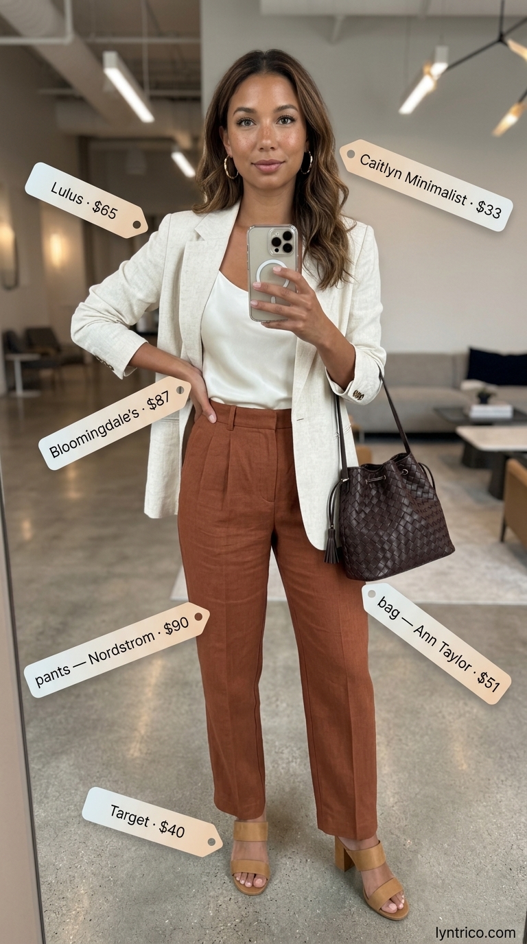 Terracotta Creative Flow 2026 Terracotta wide-leg trousers, cream camisole, oversized blazer. Light summer work outfits for women 2026.