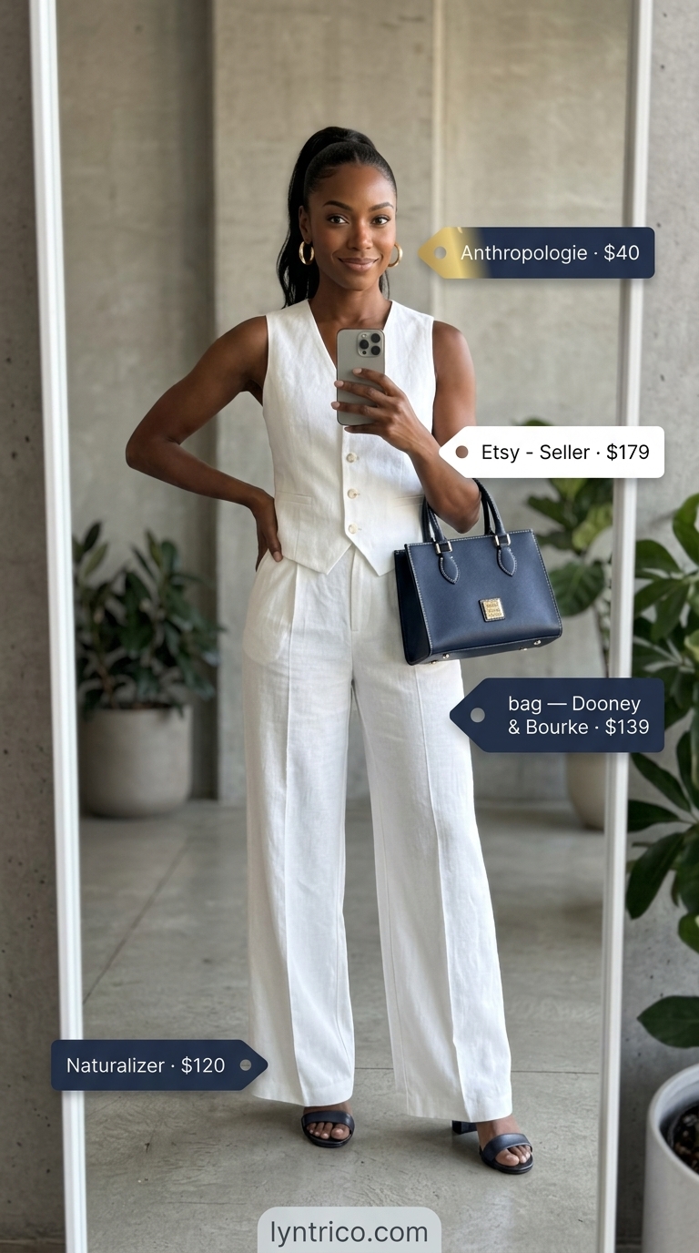 White Linen Power Suit 2026 White linen vest and trousers set, navy heels. Light summer work outfits for women 2026.