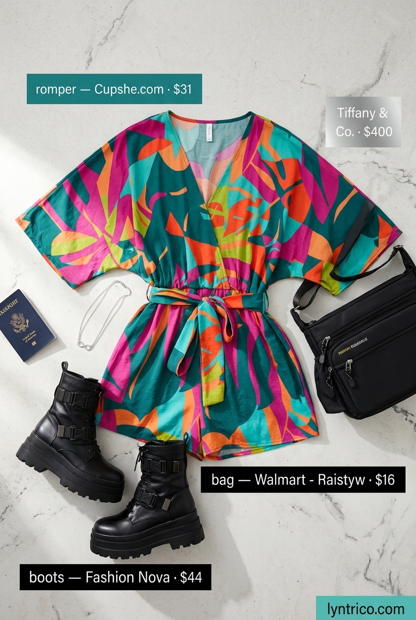Edgy multi-color abstract linen summer romper outfits for women 2026 for festivals, with combat boots, crossbody bag, and silver necklace.