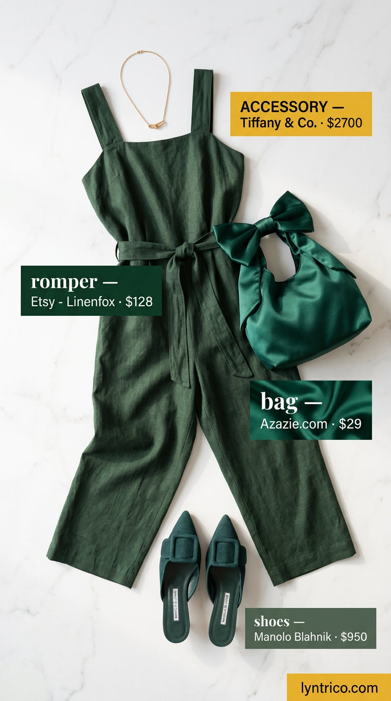 Elegant forest green linen summer romper outfits for women 2026 for evenings, with heeled mules, clutch, and gold necklace.