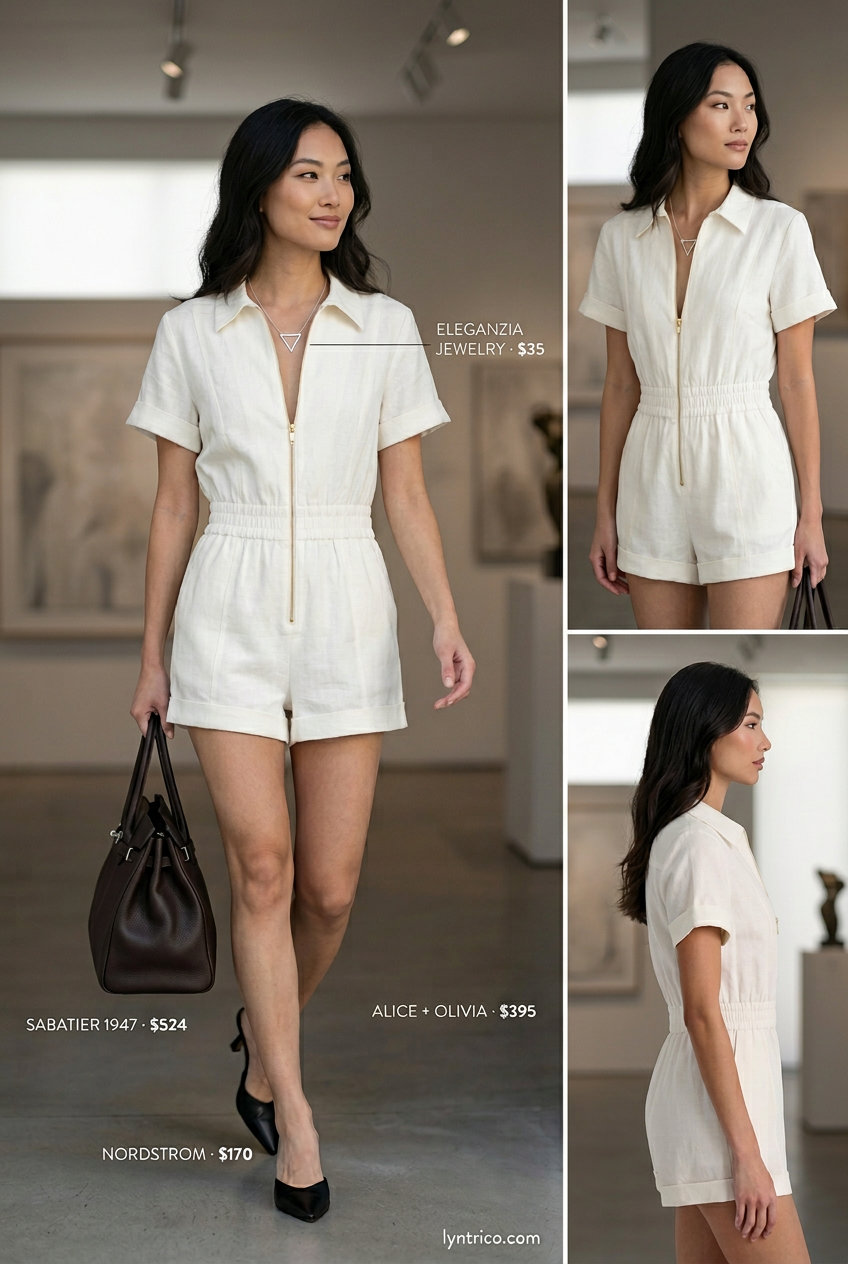 Modern ivory linen summer romper outfits for women 2026 for chic days, with pointed mules, leather shoulder bag, and silver necklace.