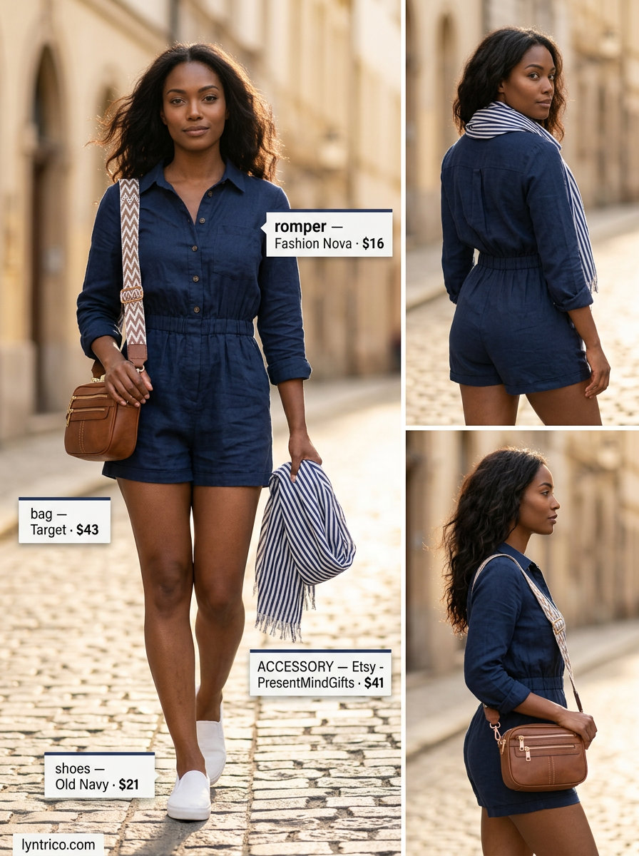 Comfortable navy blue linen summer romper outfits for women 2026 for travel, with slip-on sneakers, crossbody bag, and striped scarf.