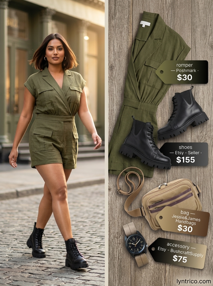 Utilitarian olive green linen summer romper outfits for women 2026 for city exploration, with combat boots, belt bag, and watch.