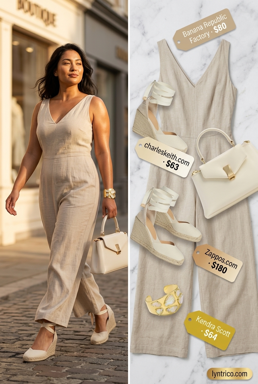 Sophisticated sand beige linen summer romper outfits for women 2026 for evenings, with espadrilles, top-handle bag, and gold cuff.