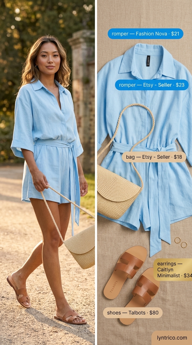 Relaxed sky blue linen summer romper outfits for women 2026 for beach days, with leather slides, straw bag, and gold hoops.
