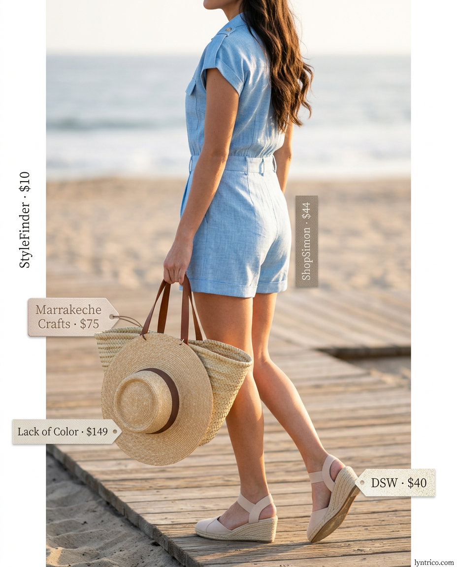 Sky blue linen romper outfit for women 2026, styled with espadrilles and straw hat for vacation.