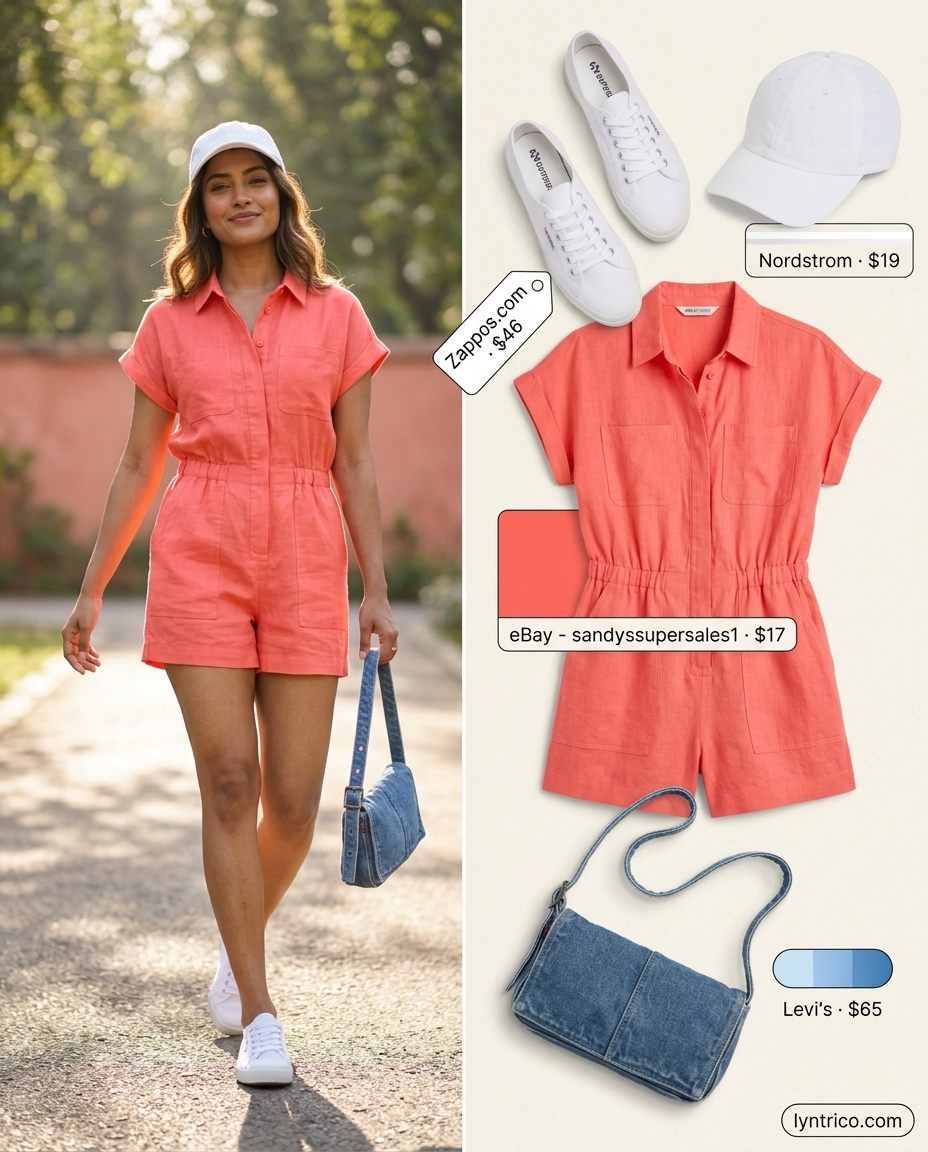 Coral linen romper outfit for women 2026, paired with white sneakers and denim bag for a picnic.