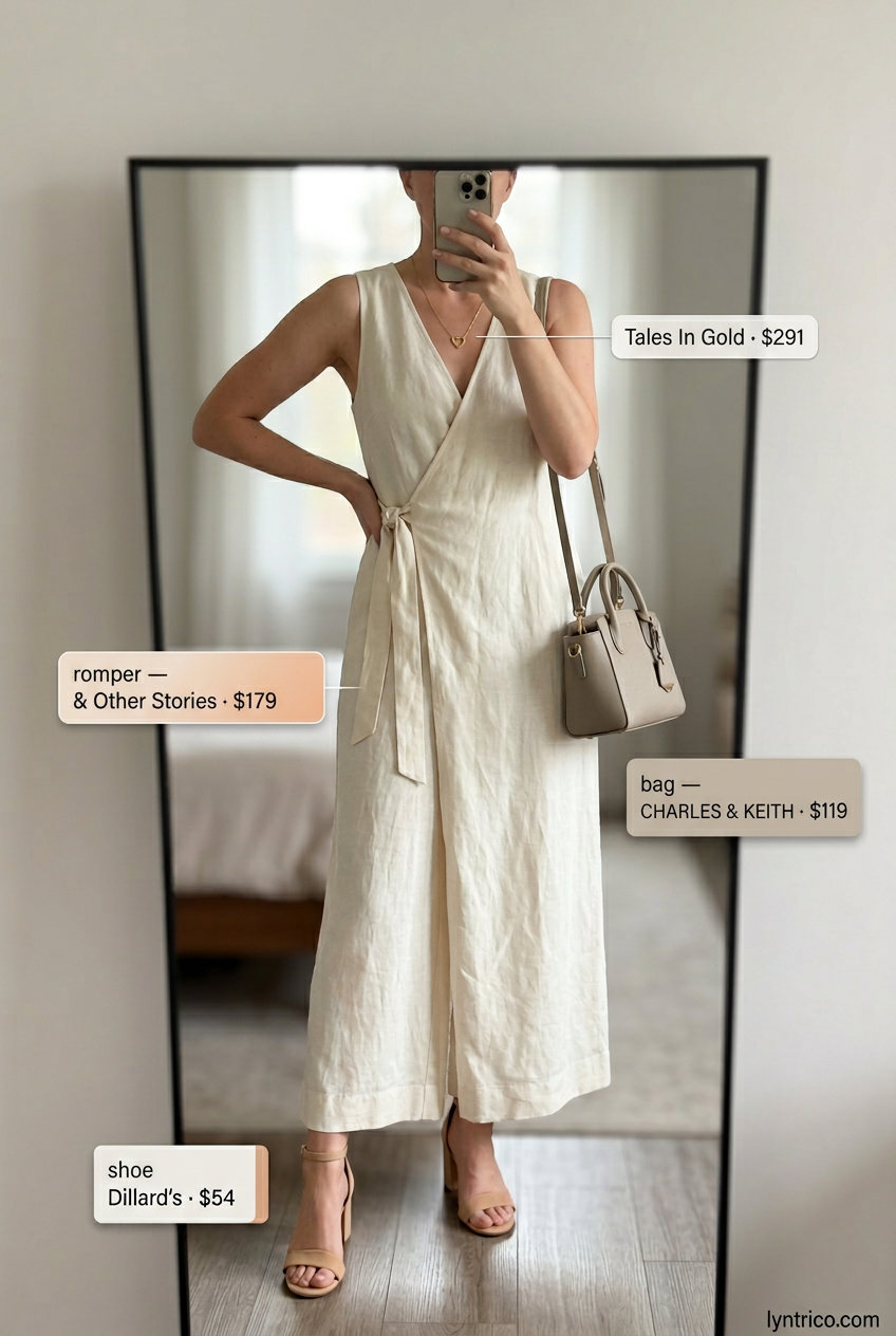 Cream linen romper outfit for women 2026, elegant and minimalist for daytime events.