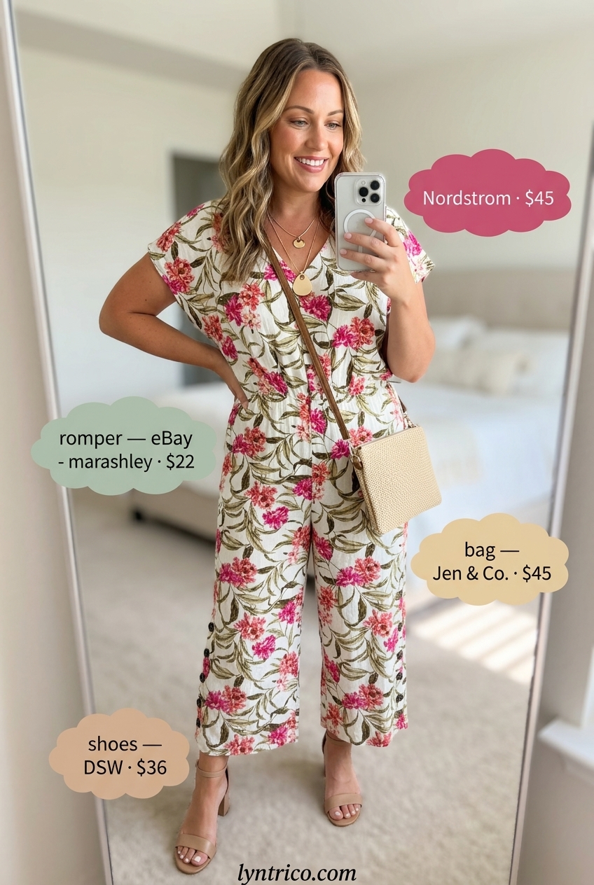 Floral print linen romper outfit for women 2026, romantic for garden parties and brunch.