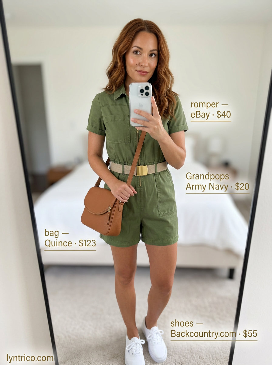 Khaki linen romper outfit for women 2026, styled with sneakers and leather bag for casual outings.
