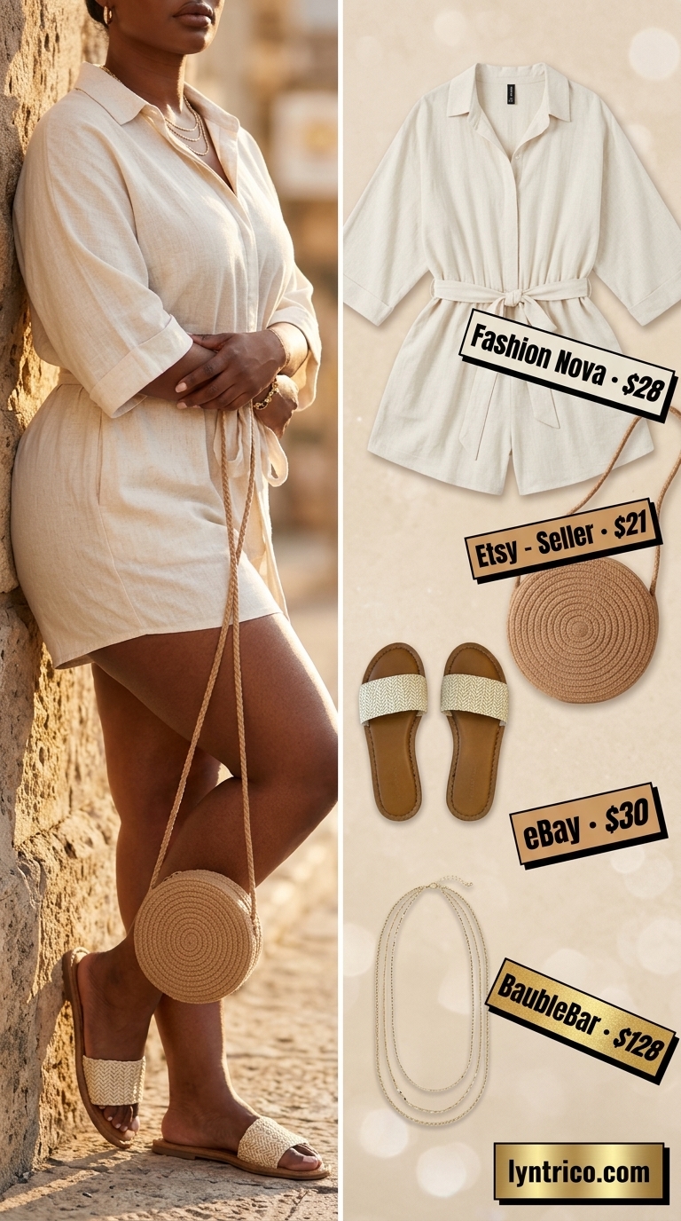 Natural linen romper outfit for women 2026, styled for summer days with slide sandals and straw bag.