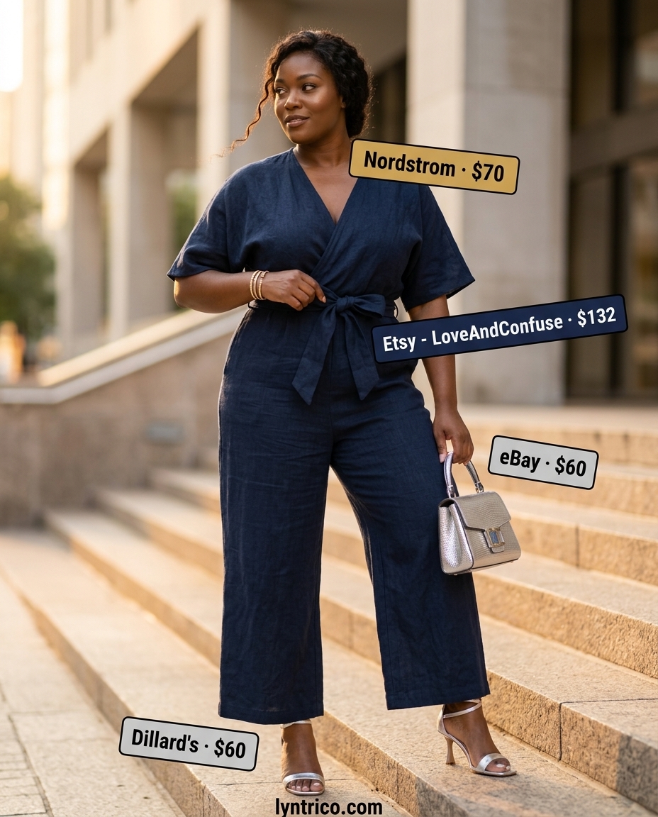 Navy blue linen romper outfit for women 2026, styled with silver accessories for a polished look.
