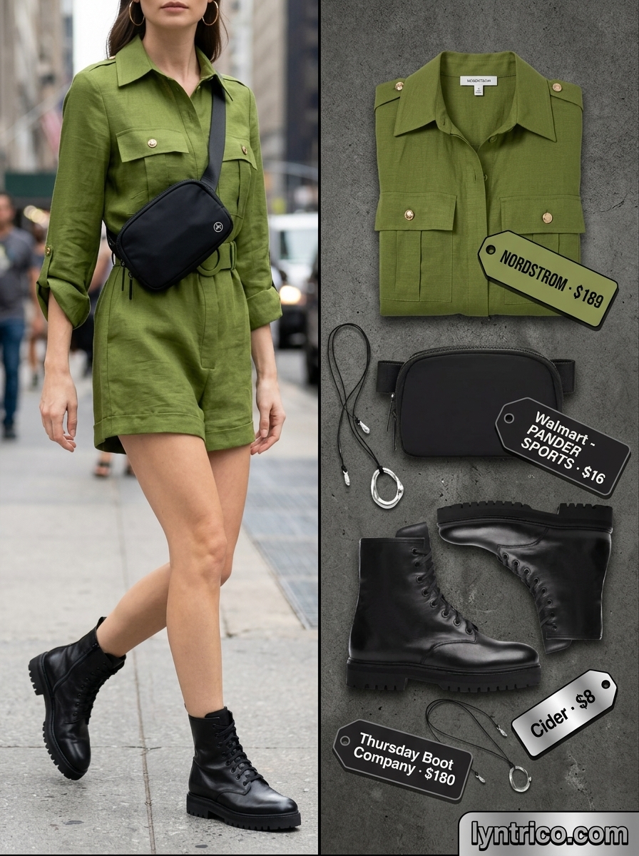 Olive green linen romper outfit for women 2026, edgy and practical for city exploration.