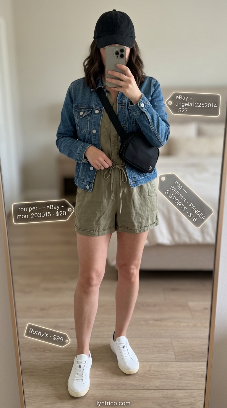 Olive green linen romper outfit for women 2026, styled with denim jacket and sneakers for errands.