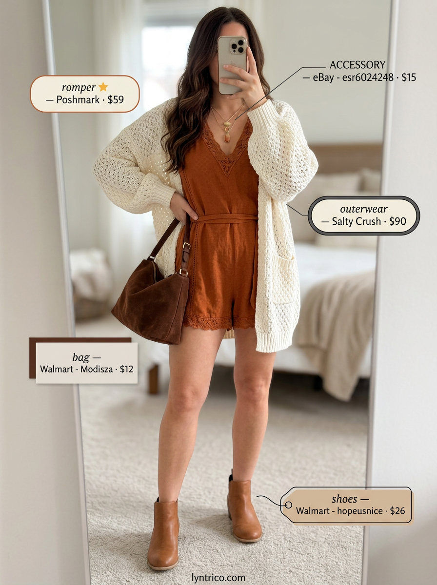 Rust orange linen romper outfit for women 2026, styled for cool evenings with a knit cardigan.