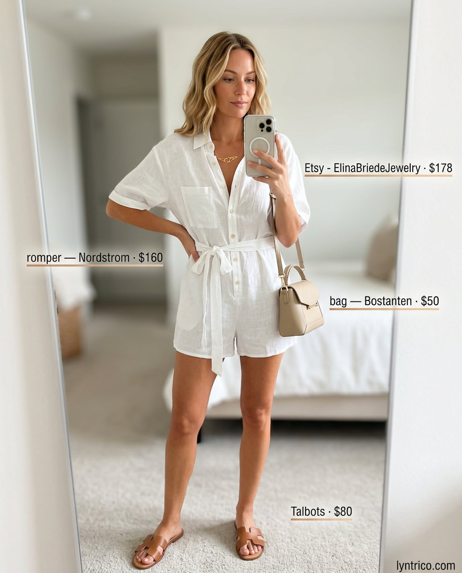 White linen romper outfit for women 2026, minimalist and chic for summer parties.