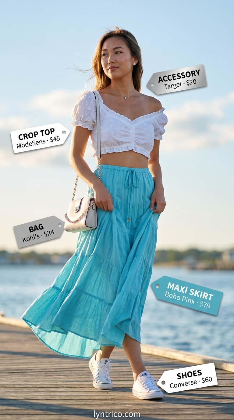 Aqua blue linen maxi skirt with white eyelet crop top, perfect for summer 2026 picnics and brunch.
