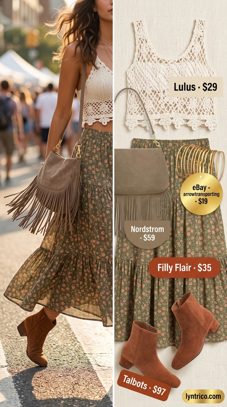 Olive green floral maxi skirt with a cream crochet crop top for boho festival outfits summer 2026.