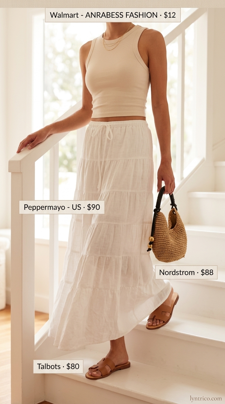 Cream linen maxi skirt with a beige ribbed crop top for relaxed summer 2026 days.
