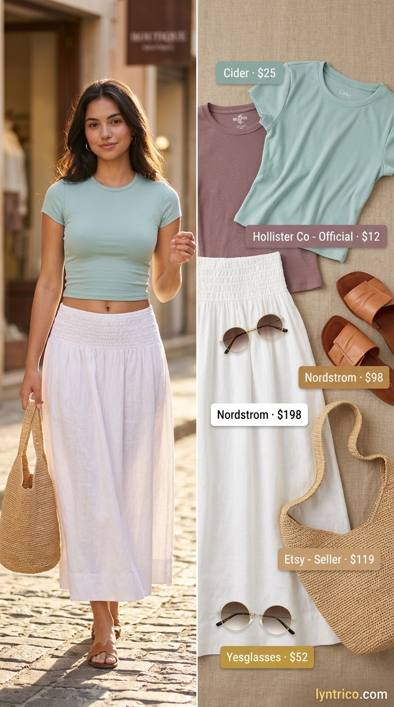 White linen maxi skirt with seafoam green crop top and raffia tote for summer 2026.
