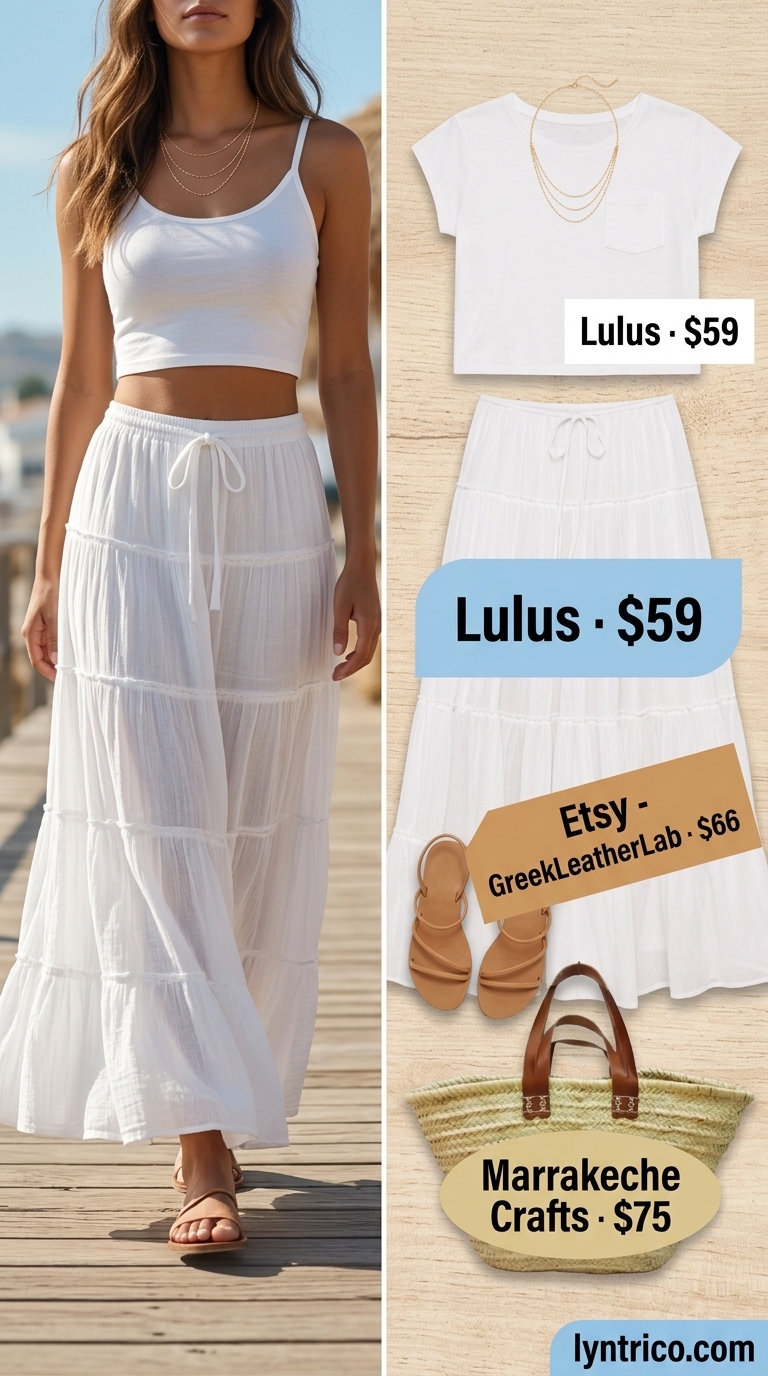 White flowy maxi skirt with sky blue ribbed crop top for summer 2026 coastal town exploration.