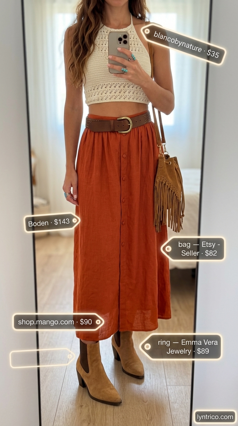 Terracotta linen maxi skirt with a cream crochet crop top for bohemian desert outfits summer 2026.