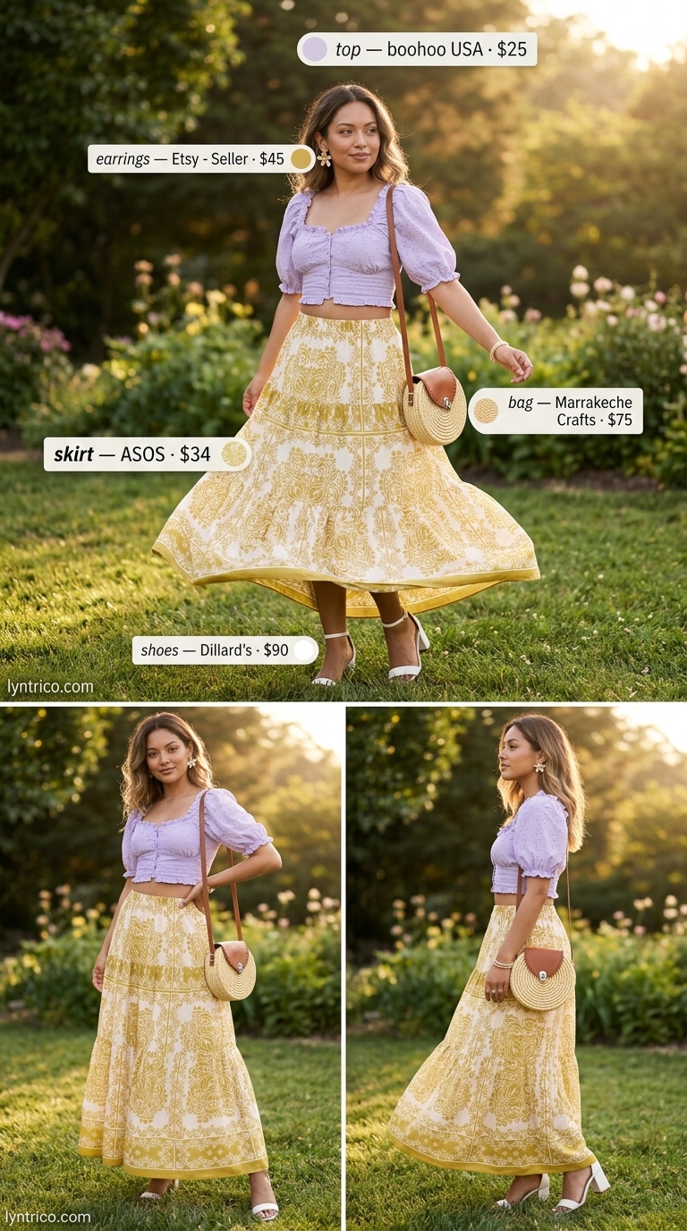 Pastel floral maxi skirt with a lavender puff-sleeve crop top for romantic garden party outfits summer 2026.