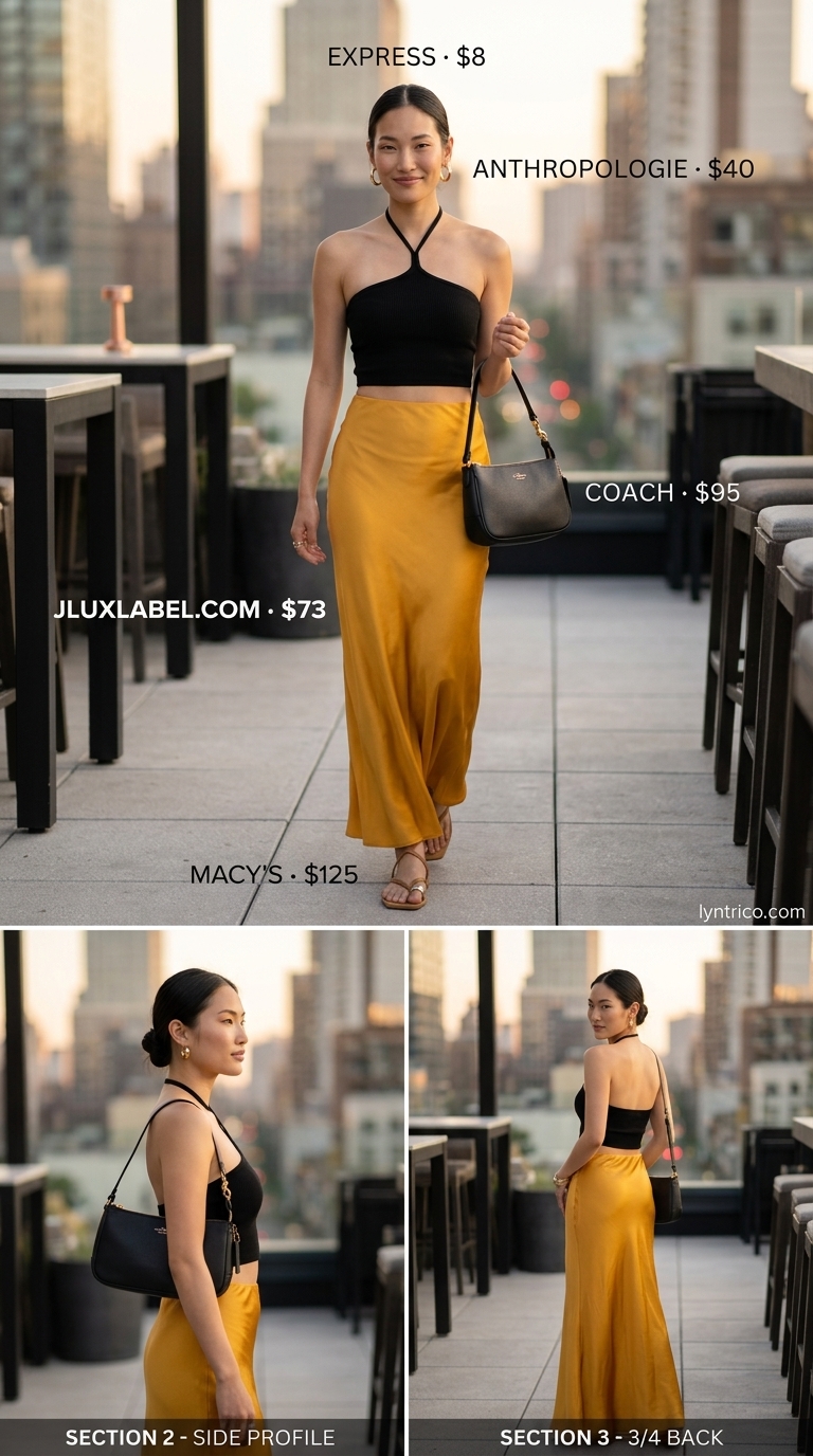 Marigold yellow satin maxi skirt with black halter crop top, gold hoops for summer 2026.