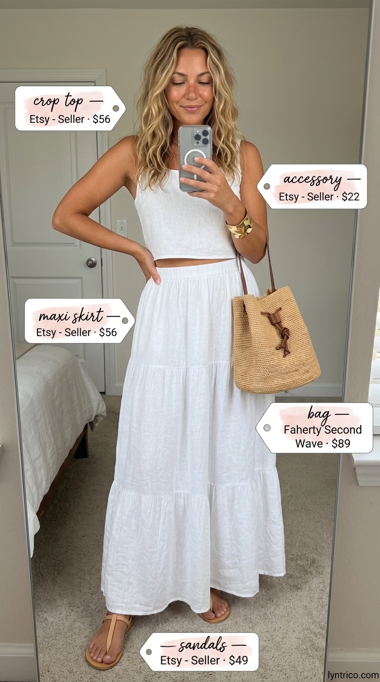 White linen maxi skirt with gold chain crop top for elegant summer 2026 evening events.