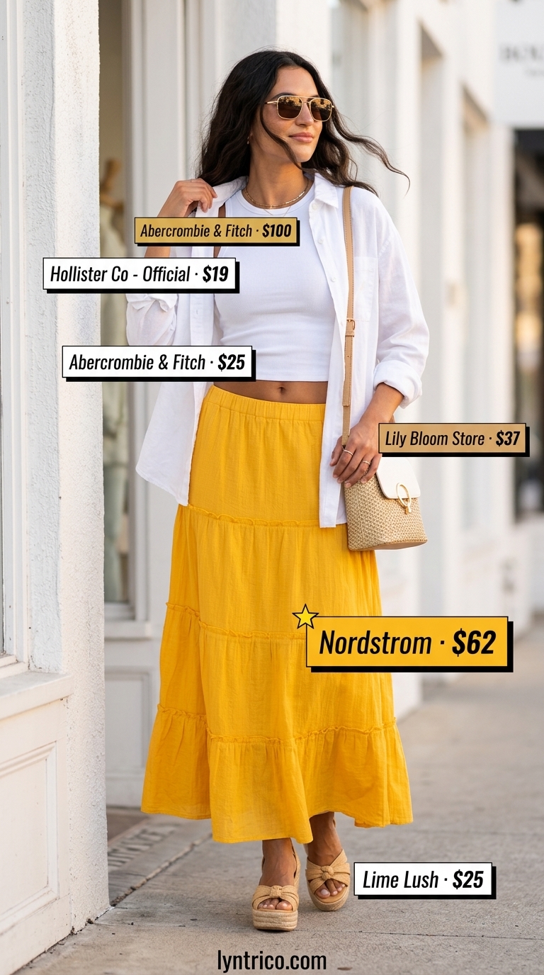 Lemon yellow A-line maxi skirt with white fitted crop tank top for sunny summer 2026 days.