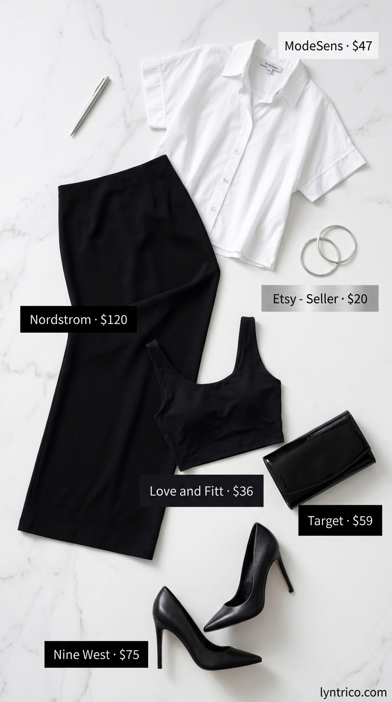 Chic black maxi skirt with a crisp white oversized button-down crop top for summer 2026.