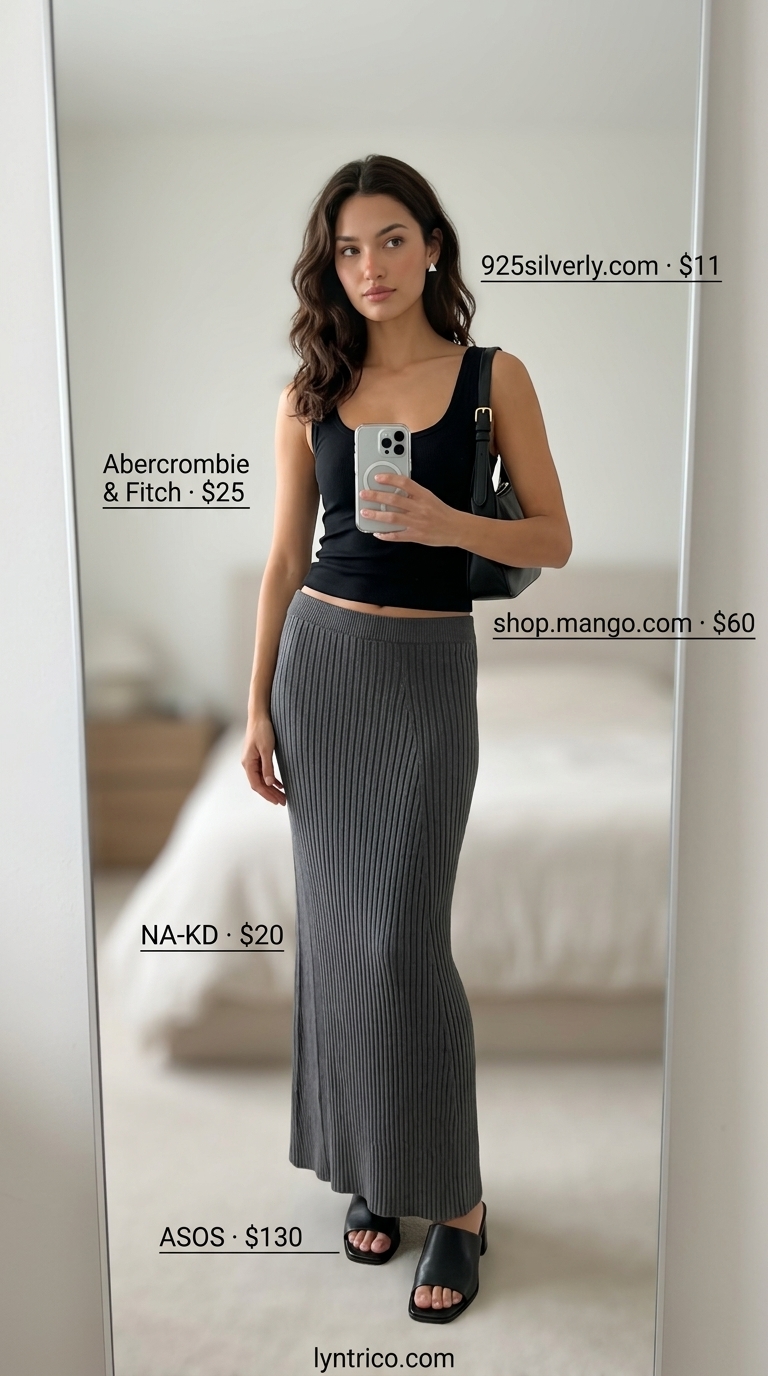 Charcoal grey ribbed maxi skirt with black sleeveless crop top for modern summer 2026 urban outings.