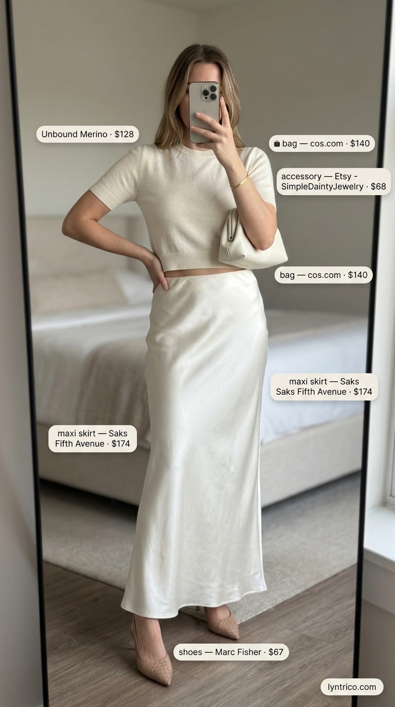 Ivory silk maxi skirt with a cream fine-gauge knit crop top for sophisticated summer 2026 outfits.