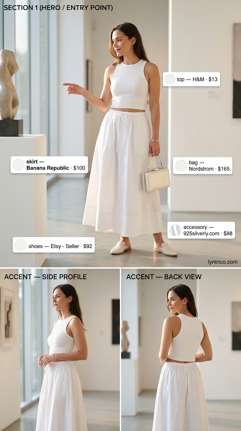 All white maxi skirt with white crew neck crop top for minimalist summer 2026 style.