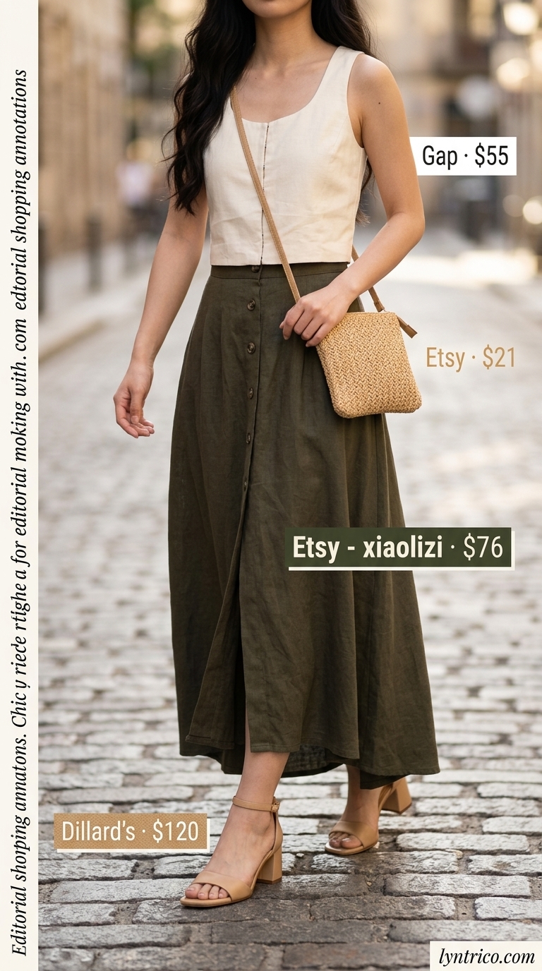 Olive green linen maxi skirt with a cream linen crop top for chic summer 2026 outfits.