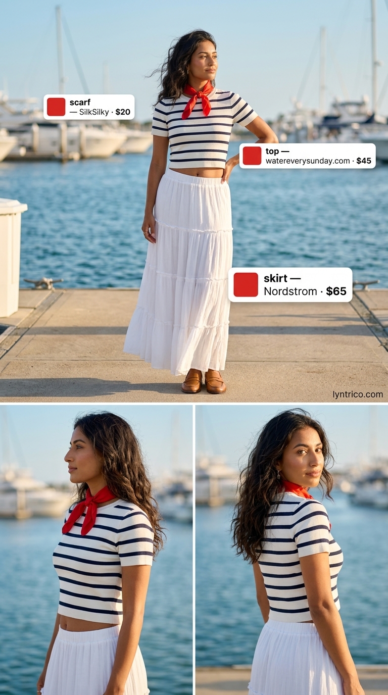 White maxi skirt with navy stripe crop top and loafers for Riviera summer 2026 style.
