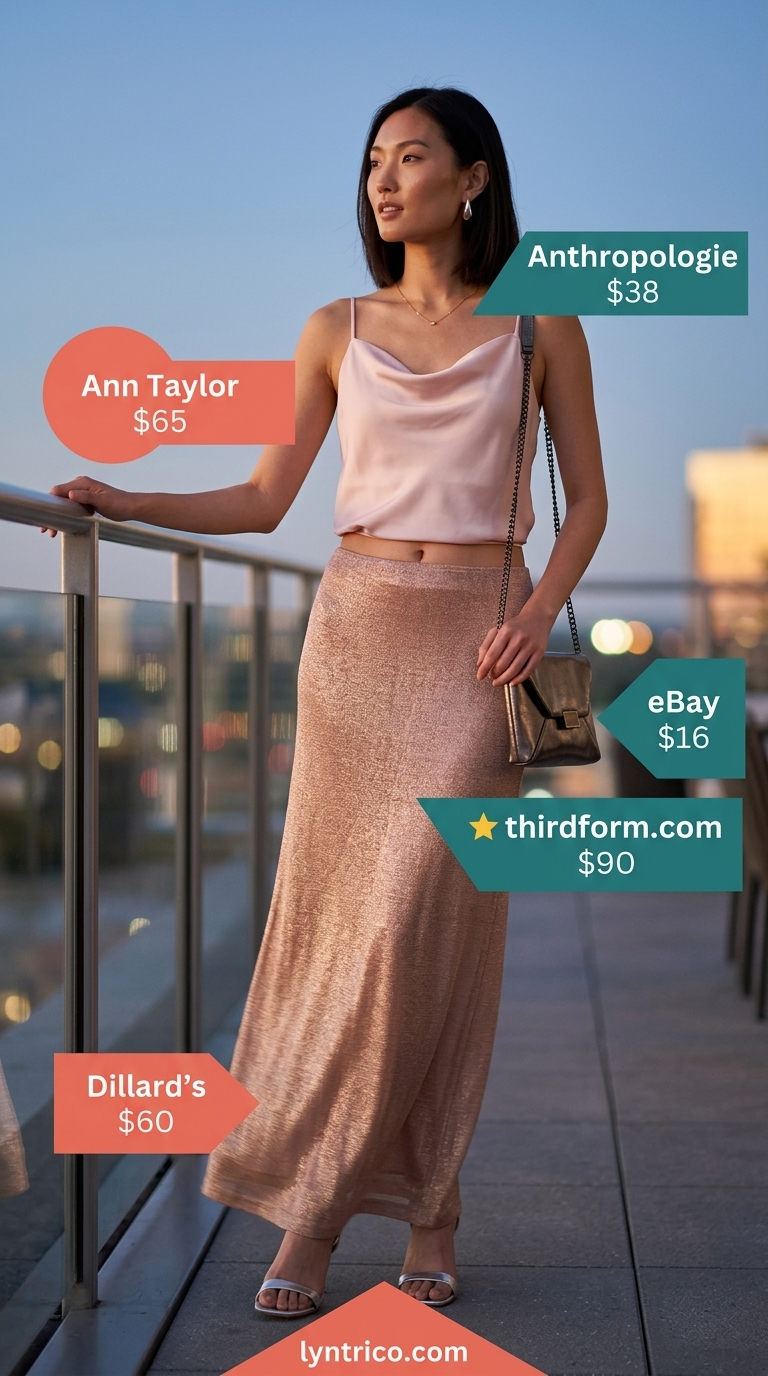Rose gold metallic maxi skirt with blush pink cowl neck crop top for summer 2026 date nights.