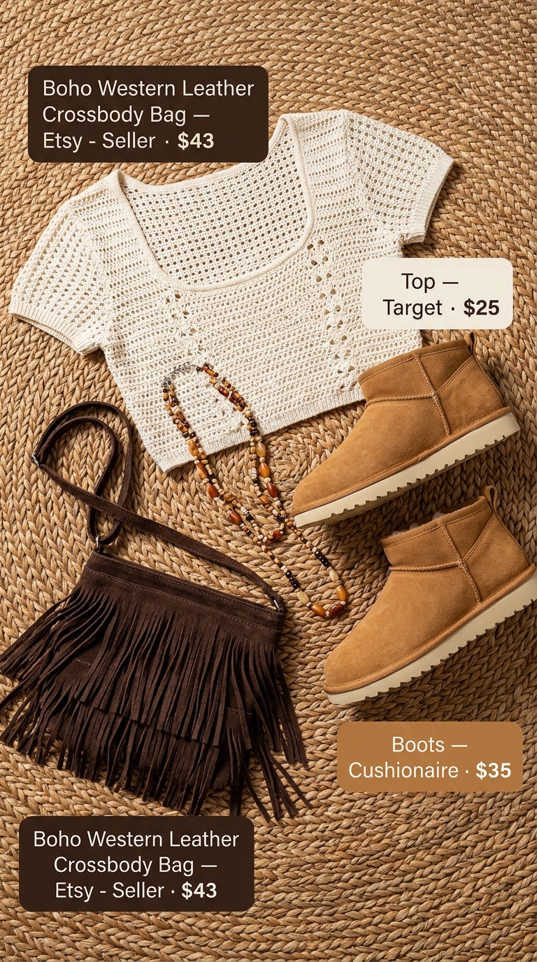 Burnt orange maxi skirt with a cream crochet crop top for bohemian beach outfits summer 2026.