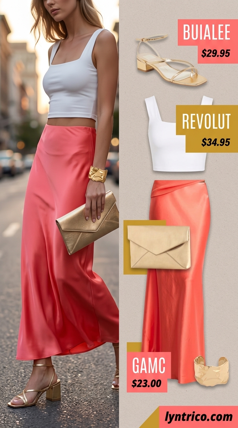 Coral pink satin maxi skirt with a white ribbed jersey crop top for sophisticated summer 2026 outfits.