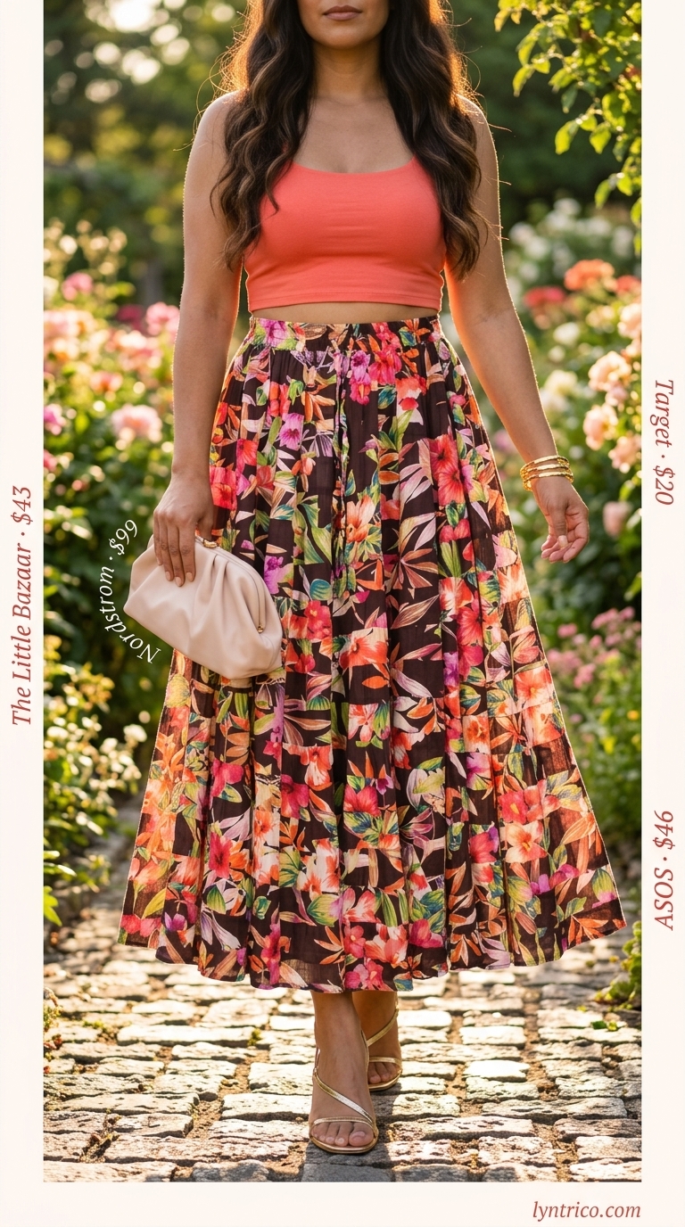 Coral floral maxi skirt with a bright coral halter crop top for summer 2026 date night outfits.